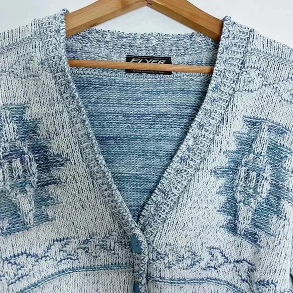 Vintage Flyer Blue White Knit Button Up Cardigan Women's Size L - Picture 2 of 8